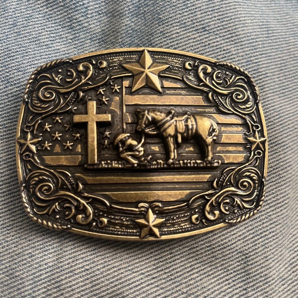New Gold Patina Western Belt Buckle with Cross and Horse Design